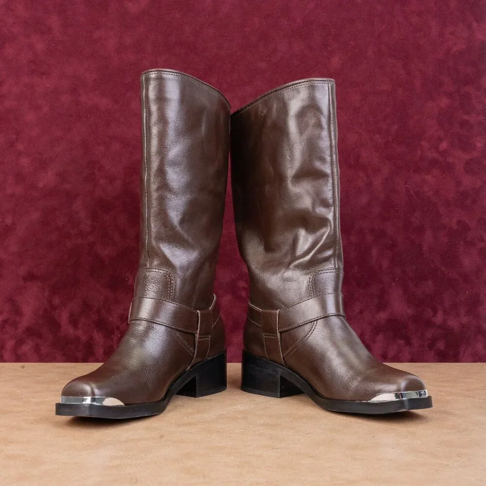 Dolce Vita Women Evi Brown Leather Moto Biker Metal Harness Fashion Boots sz 6.5 - Picture 2 of 9